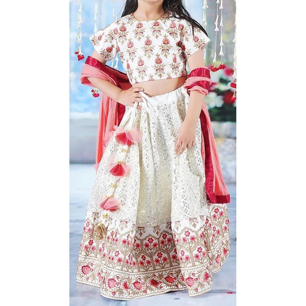 Little Bansi Girl's Cream Viscose Silk Floral Embroidered Lehenga Set - Sz 11/12